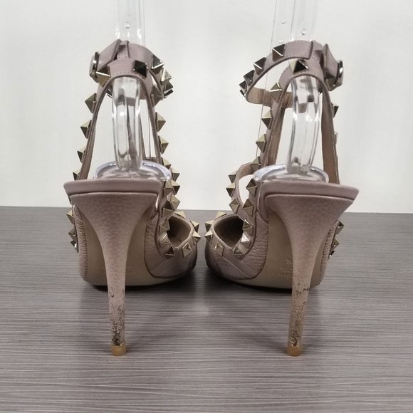 Valentino Rockstud Ankle Strap Pump Poudre Pebbled Leather Womens Size 8.5 /38.5 - Picture 5 of 14